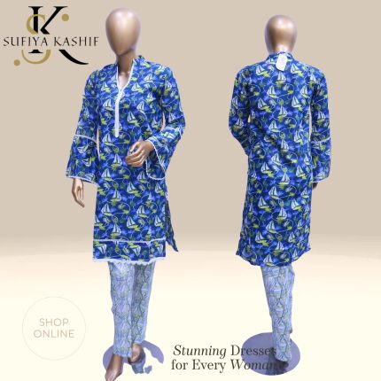 Sufiya Kashif Women’s Blue Nautical Print Kurti Set Summer Ethnic Wear
