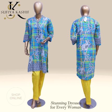 Sufiya Kashif Women’s Embroidered Plaid Kurti Set with Yellow Trousers