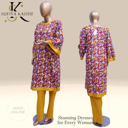 Sufiya Kashif Women’s Floral Print Kurti Set with Yellow Trousers Casual Ethnic Wear