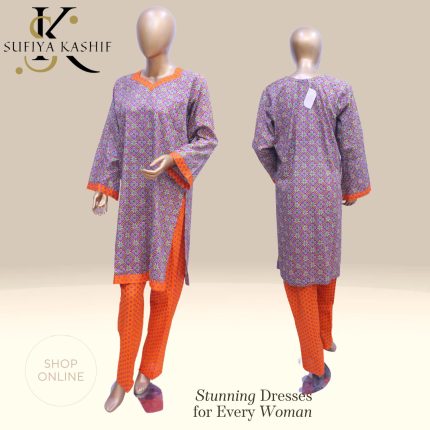 Sufiya Kashif Women’s Purple & Orange Geometric Kurti Set Traditional Ethnic Wear